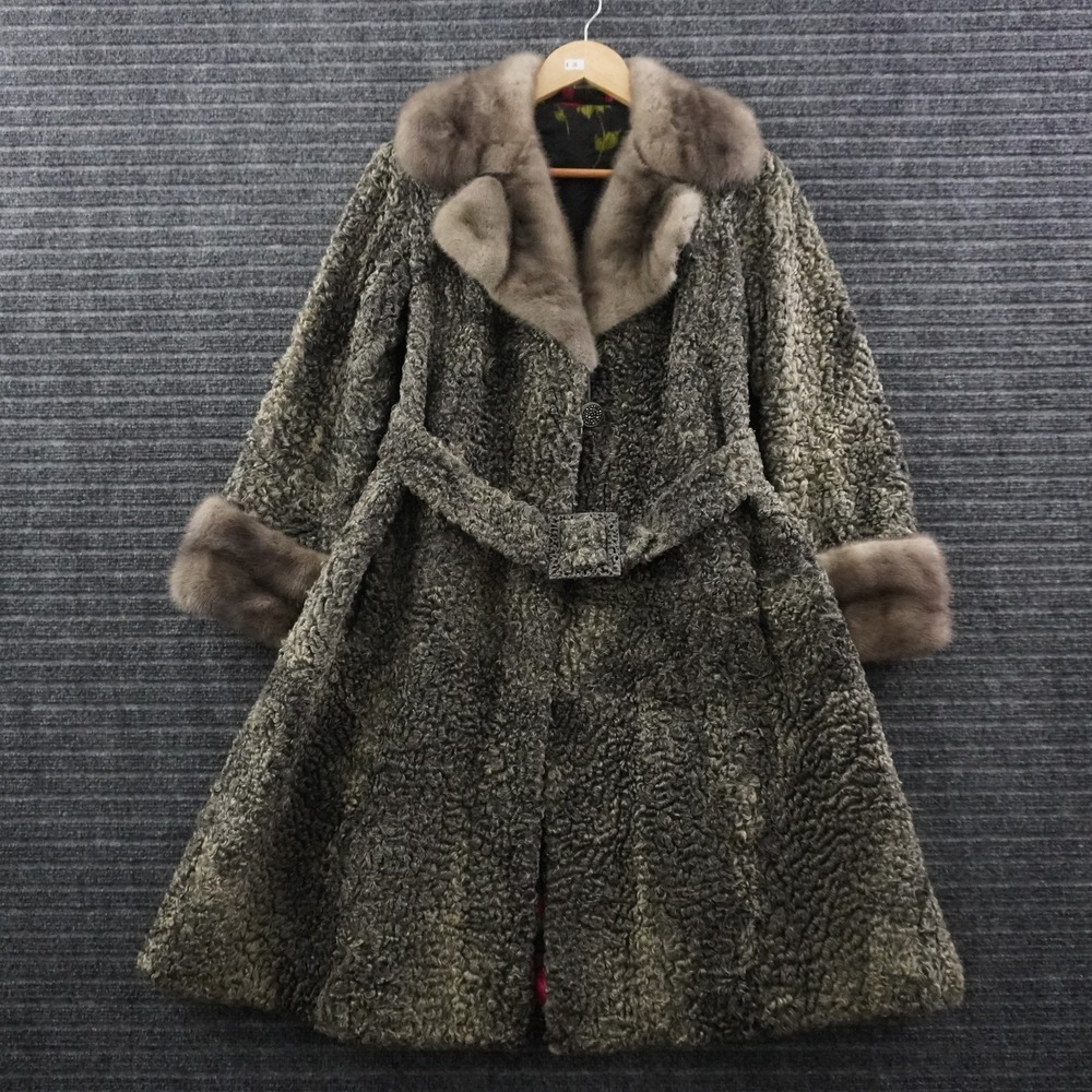 Vintage 50s Persian Lamb Fur Coat Women M Gray Mink Trim Belted Astrakhan